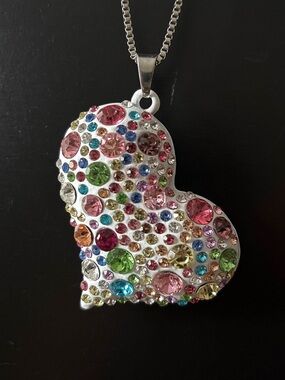 Betsey Johnson Rhinestone Heart Necklace Colorful Statement Pendant Bold Y2K